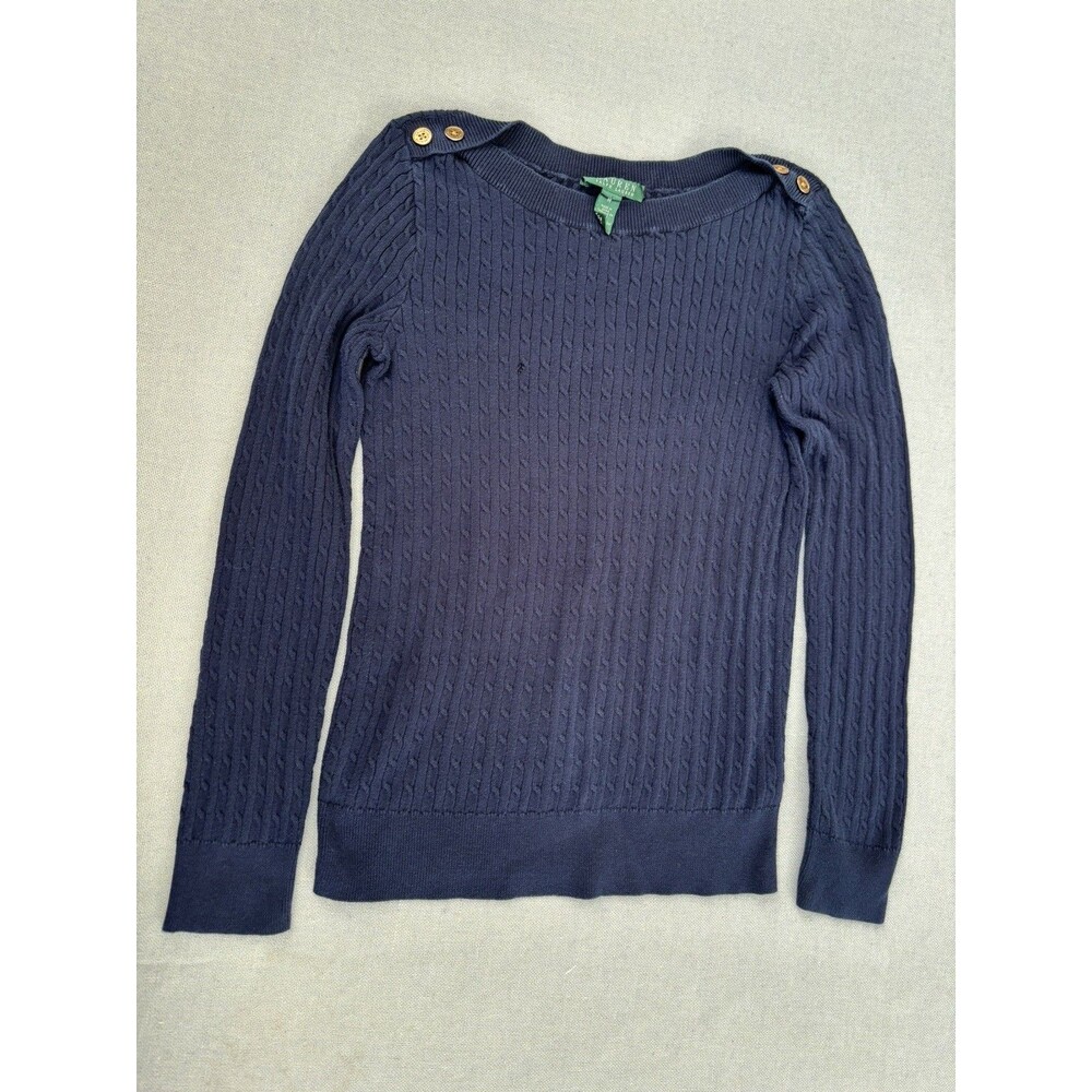 Lauren Ralph Lauren Sweater Womens Medium Dark Blue Cable Knit Gold Logo